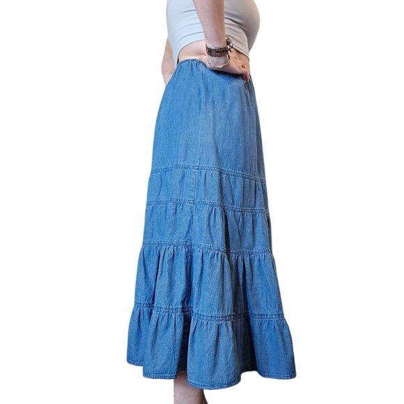 90s Womens Large Denim Jean Tiered Skirt Western Pullon Maxi Long Boho Cowgirl - Picture 8 of 9